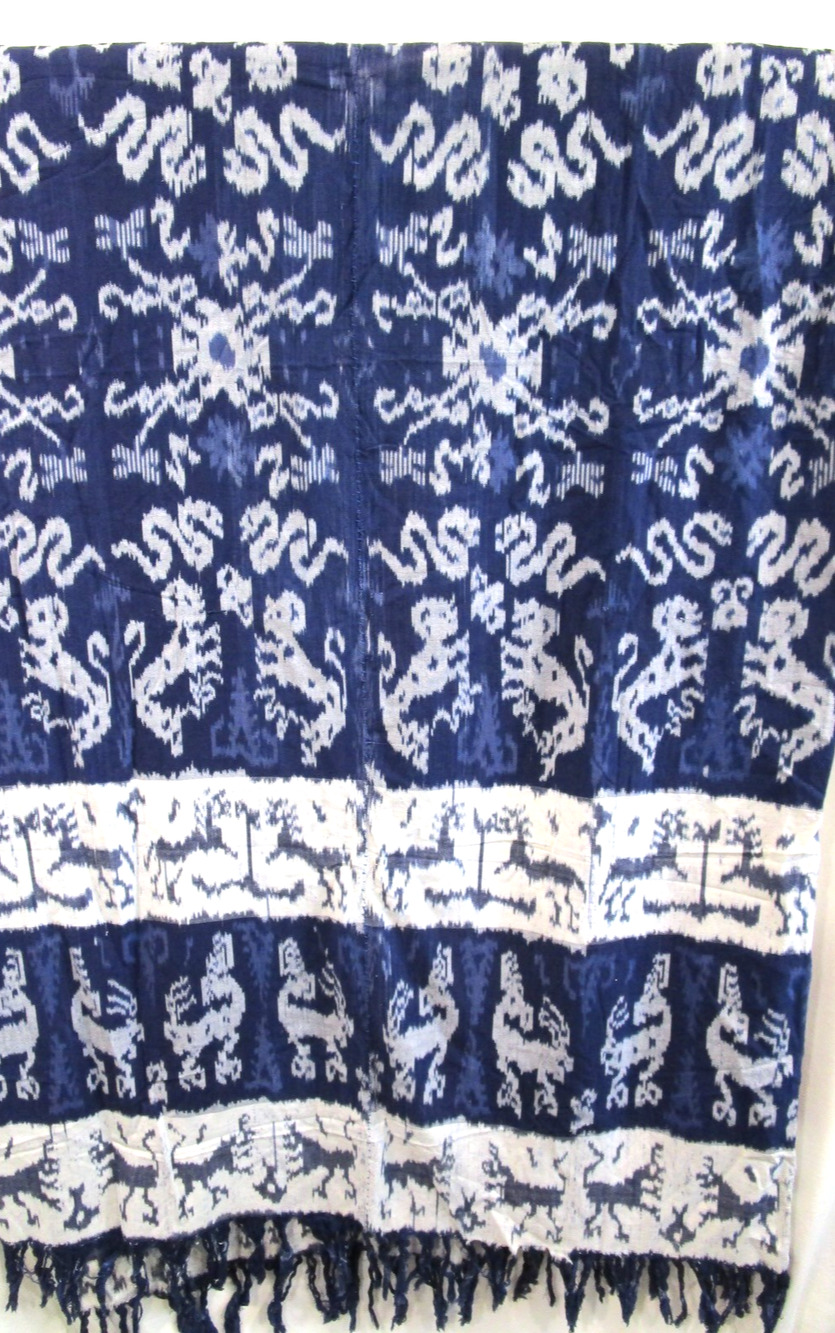 Hand Woven 88" x 95" Indonesian Blue Ikat Cloth West Samba Fringe Textile
